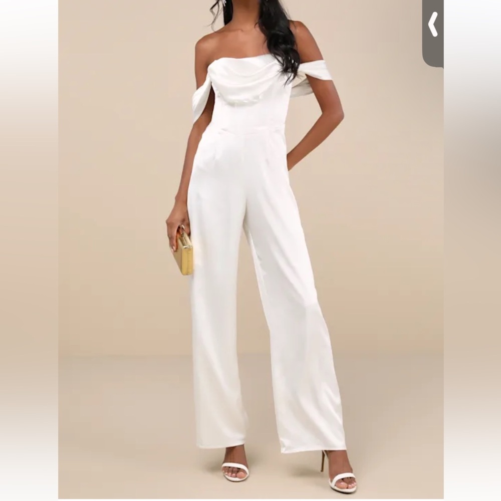Lulu’s | size medium | unbelievable aura white satin jumpsuit